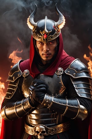 mid shot,front view,real photography,A tall, strong, 30-year-old Chinese man with glowing red eyes is standing, with a serious expression and his mouth slightly open. He is wearing a shiny black metal Chinese armor and arm guards. The armor has a glowing red texture, with 2 arms open and shoulders. There are two large skull decorations on the head, with a black and red iron ring on the head, a black and red cloak flying behind the back, red flames and a large amount of black thick fog background,dark black tone,Cinematic Lighting, movie-level texture, hand-painted details, epic, meticulous