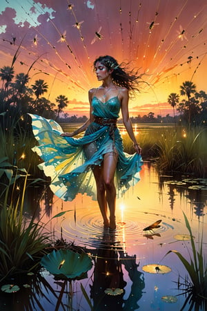 Crocodile bracing itself amidst the last rays of a sunset in a marsh, surrounded by twirling fireflies, embodying a magical and hyper-realistic tableau in the style reminiscent of Jose Royo, Boris Vallejo, Carne Griffiths, Harrison Fisher, Brian Froud, and Jeremy Mann, featuring dynamic and atmospheric elements, intricate decor inspired by double exposure techniques, multi-layered like Steadman