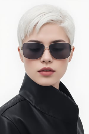 female, solo, clothing, hair, portrait, sunglasses, eyes_closed, jacket, anthro, short_hair, mammal, white_hair, hi_res, eyelashes, simple_background, eyewear, digital_media_(artwork), topwear, 1girl, leather jacket, leather, short hair, white hair, lips, black jacket, simple background, upper body, parted lips