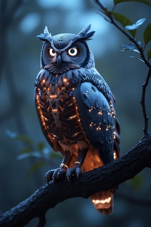 Imagine a stunning scene of a futuristic owl hybrid, blending the elegance of a natural owl with the sleek design of advanced robotics. This owl has strikingly lifelike feathers interwoven with metallic elements, glowing softly with LED accents. Its large, sharp eyes shine with an intelligent gleam one eye appears natural, while the other is a digital interface with holographic data streaming across it. The wings have an intricate pattern of real feathers and metallic plating, each feather embedded with tiny lights that pulse in sync with the owl's movements. Perched on a futuristic branch in a twilight forest, this owl gazes forward with a sense of wisdom and purpose, as if it’s traveled from the future with secrets to share. The setting glows with soft neon lights, reflecting the owl's fusion of nature and technology in a captivating, otherworldly ambiance.