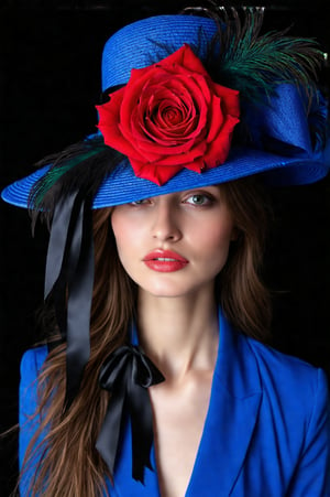 a woman's face is adorned with a vibrant red rose, adding a pop of color to the otherwise monochromatic scene. The woman's head is encased in a large blue hat, adorned with feathers and a black ribbon. Her hair is cascading down to her shoulders, framing her entire face. The background is a solid black, creating a stark contrast to the woman's outfit.