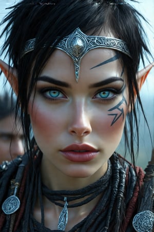 A close-up of a dark elf warrior with smooth, dark skin and short, spiky black hair. Her eyes are a striking, icy blue, and she has a fierce, determined expression. Her lips are a deep, burgundy color, and she has a small, tribal tattoo on one cheek. She wears a simple, yet elegant, silver circlet on her forehead, and her skin has a subtle, metallic sheen.