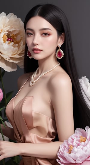 long black straight hair,  honey colour eyes, hi fashion, realistic ,  a lot of peonie flowers, big pearl jewellery, realistic, high fashion, a lot of peony flowers all around, vivid colours, bright colour background look, big pearl earrings and necklaces