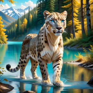 Majestic lioness, snow leopard with piercing blue eyes, strolling in unison by a tranquil turquoise lake, dense woods on the horizon, natural light bathing the scene, digital painting, ultra realistic, dramatic lighting, golden ratio.