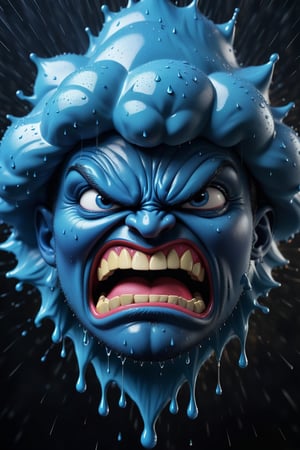 ((A really angry dark raincloud with face)). Angry dark raincloud looking down while excessively raining. Large blue raindrops. Centered. Watercolor splatter backdrop. mesmerizing, solo, vibrant, Masterpiece, (8k:1.5), enhanced resolution, best quality, enhanced details, best artist, sharp edges, detailed textures, ((full body shot)), atmospheric lighting, visually stunning, perfect composition, trending on behance