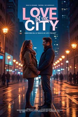 Generate a movie poster for a romantic comedy titled 'Love in the City.' The poster should show a couple in their late 20s, standing on a bustling city street at night. They are laughing and holding hands, with the city skyline illuminated behind them. The tagline reads, 'Sometimes, All It Takes Is a Little Magic.' Use warm, inviting colors like soft pinks and golds