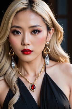 midjourney_whisper_innocent_eyes, closeup portrait of stunningly beautiful Japanese woman, blonde hair, dark eyeshadow, make-up, red lips, long dark hair, earrings, necklaces