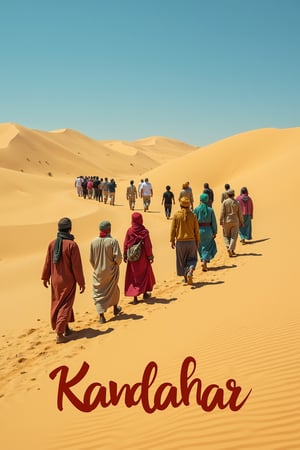 a group of people walking in a desert-like landscape. The sky is clear and blue, and the sand is a golden yellow color. The people are dressed in traditional clothing, with some wearing colorful headscarves and others wearing long robes. They are walking on a sandy path that winds through the desert. The word "Kandahar" is written in red capital letters at the bottom of the image. The overall mood of the scene is peaceful and serene.