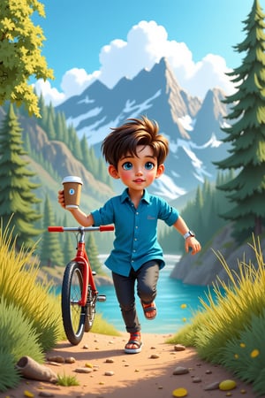 A cute girl wearing a blue shirt and black pants is standing near a mountain (piche pahad) and a river (nadi). There are trees (ped) around him. He is wearing a watch (ghadi) and has blue eyes (Aankhen neeli color) and red lips (lips red). In one hand, he is holding a coffee cup, and in the other hand, he is holding a bicycle (cycle). The scene includes wooden elements (hawa lakadi) and plants (पेड़-पौधे). He is wearing sandals (chappal juta). The overall image should convey a sense of urgency, as if he is running (daudte hue).