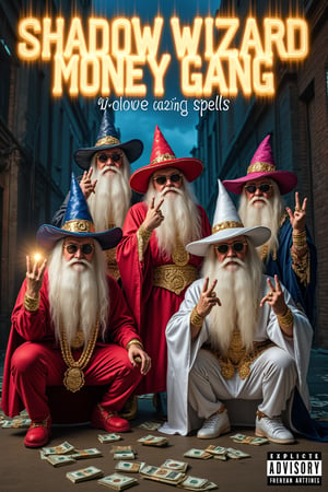 A semi-realistic image of 4 white wizards posing like they’re on a rap album cover. Two are standing, wearing unique wizard hats, while the other two are squatting with different styles of hoods covering their faces. Each wizard wears different flashy outfits with over-the-top bling—huge gold chains, rings, and sunglasses. Making gang signs. Two of the wizards are casting luminous spells. One wizard holds a glowing staff, another flashes stacks of hundred-dollar bills. The background is a gritty, urban setting, perfect for a rap album cover. 'Shadow Wizard Money Gang' is spelled out in bold, glowing letters at the top, with 'We love casting spells' at the bottom. An 'Explicit Content' logo is in the corner