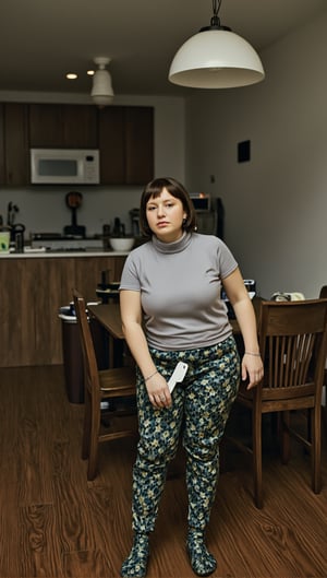 portrait photography of a plump old woman as a ((mermaid/merman)) with ((bob cut hair)) Wearing delicate anklets,  adding a feminine charm to the overall look,  dressed in grey turtleneck,  sleeveless,  soft texture,  Indoor setting,  Wooden floor,  White lampshade,  Dining chairs,  Kitchen counter,  standing straight,  looking forward,  left hand holding bag,  centered subject,  close-up shot,  straight angle,  eye-level perspective,  within the depths of a biomechanical hive,  surrealism,  (muted colors,  dim colors,  soothing tones:1.3),  low saturation,  (hyperdetailed:1.2),  big depth of field,  (from below:1.3),  shot on Panasonic S1R with Lumix S 50mm f-1.4,  photo by Robert Capa 