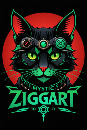 logo, vector, black, red, green, (TEXT "ZIGGART"), mystic fantasy cyberpunk steampunk cat, extremly detailed.