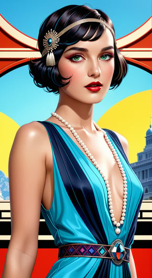 18th century, hyperreal, supermodel flapper, art deco, fashionable, dress, detailed eyes, detailed lips, beautiful hair, Art Deco style, illustration, elegantly dressed woman, this high fashionable chic, fusion of surreal elements, digital rendering, chic elegance, detailed, ultra HD, realistic, bright colors, very detailed, UHD drawing, pen and ink, perfect composition, beautiful detailed, intricate octane visualization in trend at the station, 8k, photorealistic concept art, soft natural cinematic three-dimensional light
