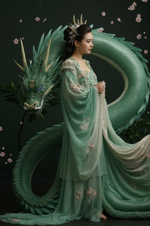 A serene scene where a woman, adorned in a traditional green and white dress, stands gracefully beside a majestic green dragon. The woman wears an ornate headpiece and holds a delicate object in her hand. The dragon, with its intricate scales and fierce yet calm expression, wraps around her, creating a protective and harmonious bond between them. The backdrop is dark, with subtle lighting highlighting the dragon and the woman, and there are floating pink flowers adding to the ethereal atmosphere.,xxmixgirl