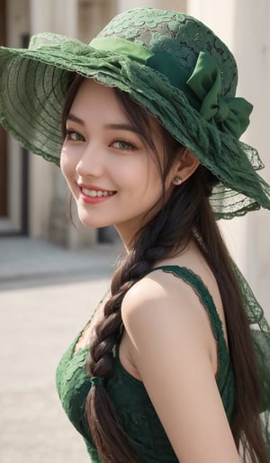 smiling lady face lady looking right in Fugitive hair green lace dress with plaited hair in green hat