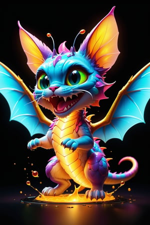 Vector logo Design of a dragon(cat)fly surrounded with florescent glowing gel, in the style of a colorful cartoon, open mouth fireball within. vibrant, Masterpiece, (32k), perfect anatomy, enhanced resolution, best quality, enhanced details, best artist, sharp edges, detailed textures, ((full body shot)), atmospheric lighting, visually stunning, perfect composition, trending on behance