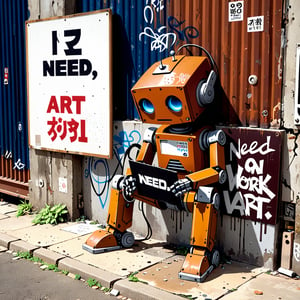 1 lonely sad robot detailed  rusty, dusty  sitting on the side of an alley wall,  holding a sign that says " Need Work " (art by Tsutomu Nihei Mamoru Oshii ) graffiti all over the wall behind him