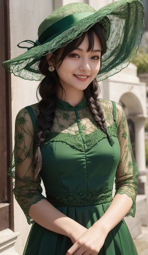 smiling lady face lady looking right in Fugitive hair green lace dress with plaited hair in green hat