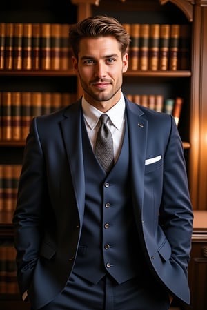 Imagine a man in a tailored three-piece suit, standing against a backdrop of an old, vintage library with rows of books. The lighting is soft, casting a warm glow on his face. He has a slight smile and a hint of a knowing look in his eyes, exuding confidence and sophistication.