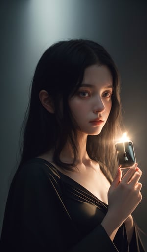 digital art painting of a beautiful girl holding an iphone 15, straight hair, wearing a black dress, plain background, realistic illustration texture, realistic details, oil painting illustration shading, perfect composition, ultra HD, trending on artstation., perfect composition, beautiful detailed intricate insanely detailed octane render trending on artstation, 8 k artistic photography, photorealistic concept art, soft natural volumetric cinematic perfect light, chiaroscuro, award - winning photograph, masterpiece, oil on canvas, raphael, caravaggio, greg rutkowski, beeple, beksinski, giger