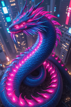  epirezumiworld, science fiction cyberpunk epirezumiworld serpentine dragon with neon pink glows on it's fur and and blue inner glow, coiled around a epirezumiworld sky scraper in a city with neon lights,