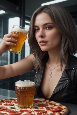 Hyperrealistic, close-up portrait of a radiant gray-haired cyberpunk girl, clad in futuristic attire and emblazoned with neon accents, holding a beaded iced glass of beer that drips onto a sizzling summer asscrain, surrounded by a whirlwind of detailed, suspended pizza slices, creating a dynamic and complex visual narrative.