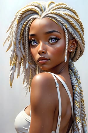 (((masterpiece))) , (((best quality))) , anime style, 2d, a stunning woman with dreadlocks adorned in shimmering gold braids stands in front of a white canvas. Her head is made of delicate silver feathers, and her eyes sparkle like diamonds as she gazes back at the viewer. key visual