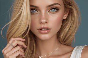 1girl, solo, jewelry, earrings, blonde_hair, blue_eyes, realistic, freckles, heart, necklace, face, eyelashes, lips, close-up, looking_at_viewer, portrait, photorealistic, long_hair, eye_focus