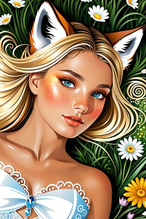 thick outlines, airbrush, 
 Josephine wall, fluid motion, dynamic movement, floral decor, perfect face, with bright beautiful detailed eyes, ultra high quality model digital art, Pia Mia, perfect facial feature, perfect anatomy, perfect model face, freckles, open eyes "  beautiful woman snuggle a fox." mesmerizing scene, shiny, shimmery, glittery, highlights in the hair and the eyes,, view from above, looking up, laying on the back in a flower field. Intricate details, perfect face, beautiful, white transparent dress,
wearing silk dress photorealistic concept art, 
natural and soft volumetric cinematic perfect light
((Greg Rutkowski,  dynamic lighting, fantasy art, sticker, 2d cute, fantasy, dreamy, vector illustration, 2d flat, centered, by Tim Burton, professional, sleek, modern, minimalist, graphic, line art, vector graphics, view fom above, looking up