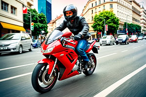 A biker on motorbike speeding through the city avoiding cars, speed effect