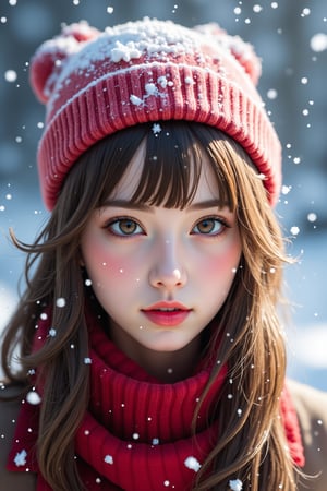 female, solo, snow, human, feral, hat, clothing, hair, scarf, snowflake, looking_at_viewer, mammal, brown_hair, brown_eyes, hi_res, headgear, snowing, headwear, 3d_(artwork), human_focus, not_furry_focus, 1girl, brown hair, brown eyes, realistic, red scarf, looking at viewer, portrait, parted lips, snowflakes, long hair, lips