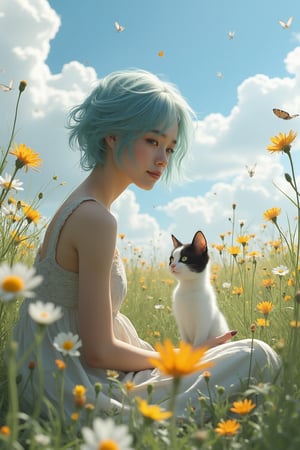 sitting in an open meadow, wild flowers and butterflies all around, happy, short light blue hair, cute summer dress, her little black and white cat sits beside her, glasses,in the style of BSstyle004