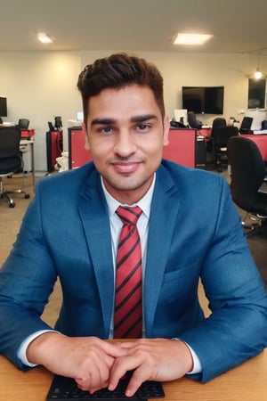 1boy, masterpiece, handsome, looking at viewer, blue eyes, 30yo, two piece suit, silky smooth hair, Taper Fade hair style, medium hair,cute smile, sitting, office, using computer