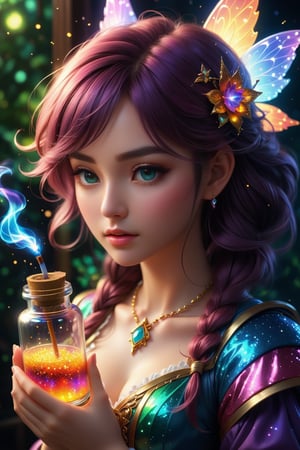 pixel art, Delicate magical fairy dust in a bottle smoking with cosmic magical energy, highly detailed painting, deep color, fantastical, intricate detail, complementary colors, fantasy concept art, trending on Artstation Unreal Engine 5, by artist "anime", Anime Key Visual, Japanese Manga, Pixiv, Zerochan, Anime art, Fantia, Hyperrealistic, splash art, concept art, mid shot, intricately detailed, color depth, dramatic, 2/3 face angle, side light, colorful background, SAI Pixel Art. pixel, vibrant masterpiece, (32K:1.0), UHD, best resolution, best micro details, best quality, best details, best artist, sharp edges, detailed textures, full view, atmospheric lighting, visually stunning, perfect composition, trending on behance