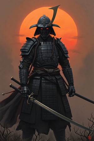 Painting of a dark Cyborg samurai infront of moody sundawn