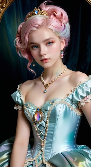A young woman with delicate features and porcelain skin, dressed in an opulent Rococo gown with intricate lace and pastel-colored silk. Her powdered wig is adorned with tiny cat charms made of gold and pearls, and a matching cat charm necklace rests elegantly on her neck., Broken Glass effect, no background, stunning, something that even doesn't exist, mythical being, energy, molecular, textures, iridescent and luminescent scales, breathtaking beauty, pure perfection, divine presence, unforgettable, impressive, breathtaking beauty, Volumetric light, auras, rays, vivid colors reflects