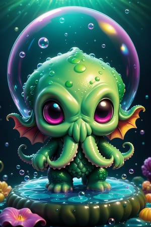 an extremely cute chibi, cthulhu, who is very friendly and doesn't look evil at all, in the style of a colorful cartoon. Floating on bubbles and gel. vibrant, Masterpiece, (32k), perfect anatomy, enhanced resolution, best quality, enhanced details, best artist, sharp edges, detailed textures, ((full body shot)), atmospheric lighting, visually stunning, perfect composition, trending on behance