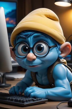 Working tirelessly on the computer is a smurf with large eyes. tired, insomnia, (vibrant masterpiece, 32k, UHD, best resolution, perfect details, best quality, best details, best artist, sharp edges, detailed textures, full view, atmospheric lighting, visually stunning, perfect composition, immaculate visuals), DonM1ns0mn14XL