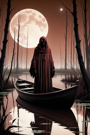linquivera, Ink illustration, (anime:0.5), brown tones, aged black red paper, inkpunk, moonlight,surreal, a human ghost standing on a boat in swampy wetlands, (at a distance), ((ethereal ghost)), Will-o'-the-wisp, moonlit, lonely, solitude, windy, tall trees, willows, willowy, OverallDetail, extremely detailed, UHD,(long exposure , dystopian but extremely beautiful:1.4),  bosstyle    , , letitflrsh,    ,   ,mkitdecy,  GWMDetail  scifi, zPDXL ,,,,,,