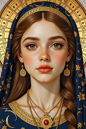 Byzantine Mosaics of a girl. (masterpiece, top quality, best quality, official art, beautiful and aesthetic:1.2), (1girl:1.4), portrait, extreme detailed, highest detailed, simple background, 16k, high resolution, perfect dynamic composition, bokeh, (sharp focus:1.2), super wide angle, high angle, high color contrast, medium shot, depth of field, blurry background,,itacstl