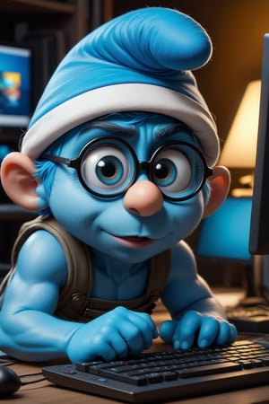 Working tirelessly on the computer is a smurf with large eyes. tired, insomnia, (vibrant masterpiece, 32k, UHD, best resolution, perfect details, best quality, best details, best artist, sharp edges, detailed textures, full view, atmospheric lighting, visually stunning, perfect composition, immaculate visuals), DonM1ns0mn14XL