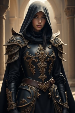 epic composition, cinematic lighting, masterpiece, a medieval girl knight, preparing for a fight, wearing hooded dark robes, and a intrincate black armor with elaborated golden ornaments, dynamic action pose, frontal shot, medieval war background, full body portrait, dim volumetric lighting, 8k octane beautifully detailed render, extremely hyper-detailed, intricate, stunning Detailed matte painting, deep color, fantastical, intricate detail, complementary colors, fantasy concept art, 8k resolution trending on Artstation Unreal Engine 5, bioluminescent, holographic, Volumetric light, rays, zdyna_pose,action shot