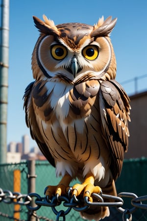 owl made of mad-garbage perched on a chain-link fence, city, , raw photo, film grain, Fujifilm XT3, (photorealistic, realistic:1.2), deep shadow,  8k, uhd, dslr, ultra high res