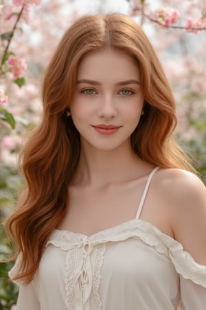 Create an upper body portrait of a beautiful girl with long, flowing auburn hair, soft, rosy cheeks, and deep green eyes. She is wearing a delicate, lace-trimmed white blouse and a gentle smile. The background is a soft, pastel-colored garden with blooming flowers.