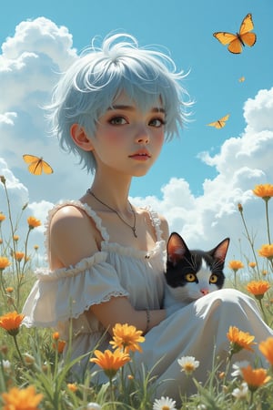 sitting in an open meadow, wild flowers and butterflies all around, happy, short light blue hair, cute summer dress, her little black and white cat sits beside her, glasses,in the style of BSstyle004