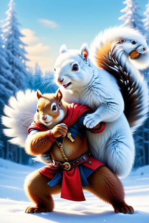 by Jeremiah Ketner and Bruce Weber,   action shot, fighting, fantasy, gigantic squirrels, bosstyle ,FrostedStyle
