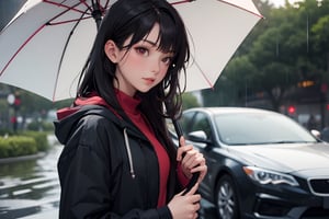 1girl, solo, long hair, looking at viewer, bangs, black hair, red eyes, long sleeves, holding, closed mouth, upper body, outdoors, open clothes, hood, blurry, lips, coat, depth of field, blurry background, leaf, umbrella, hood down, ground vehicle, motor vehicle, rain, open coat, holding umbrella, car, road, street