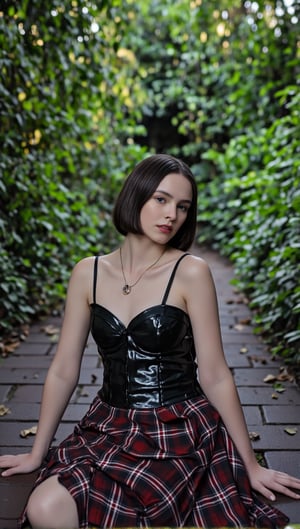 landscape photography of a flabby woman as a ((pirate)) with ((bob cut hair)) In mid-century modern fashion,  reflecting the sleek designs of the 1950s and 60s,  dressed in black corset top,  plaid skirt,  glossy texture,  lace details,  green foliage,  blurred scenery,  outdoor setting,  brick path,  facing camera,  seated position,  hands on knees,  close-up shot,  eye-level angle,  studio lighting,  within the virtual realms of a digital utopia,  Use a backlighting effect to add depth to the image. impressionistic painting style,  john singer sarget,  blue pallette,  Double Complementary (Tetradic) color palette,  low key lighting,  (muted colors,  dim colors,  soothing tones:1.3),  low saturation,  (hyperdetailed:1.2),  bioluminiscent,  (high angle:1.4),  shot on Hasselblad 907X with Hasselblad XCD 30mm f-3.5,  photo by Claude Cahun 