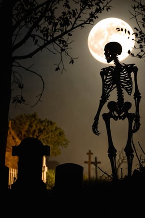 (cinematic full body shot), photograph, atmospheric lighting, realistic, epic, breathtaking grandeur, 
(a lone skeleton standing in a graveyard at night (silhouetted against an enormous full moon)), fragments of muscle clinging to bones, grotesque tableau, disgusting, haunted, eerie, hard shadows, beautiful and haunting, pitch-black night, ghostlike fog hanging motionless in the air, silhouette, night scene.
, (((intricate details))),
selective focus, bright flash photo, contrast, poor quality, (low-light:1.7), hyper realism