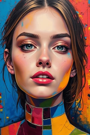 portrait of the face of a young woman, oil painting, cubist style, colorful abstract background, mixed technique, hyperrealistic touch of color, very detailed, colorful and abstract, pictorial work of art, a lot of dynamics in the details, extremely detailed